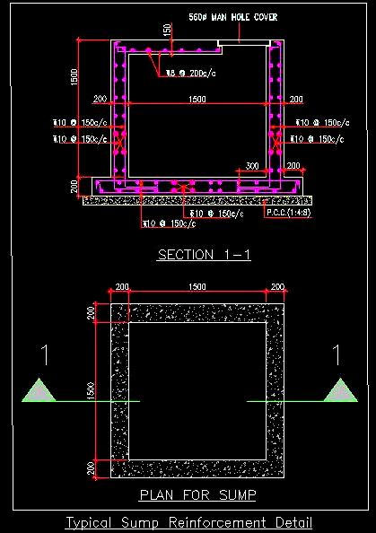 Sump Pit Reinforcement CAD- RCC Details and Sections